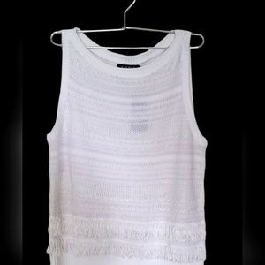 Lauren Ralph Lauren Women's XL White Fringe-Trim Sleeveless Sweater